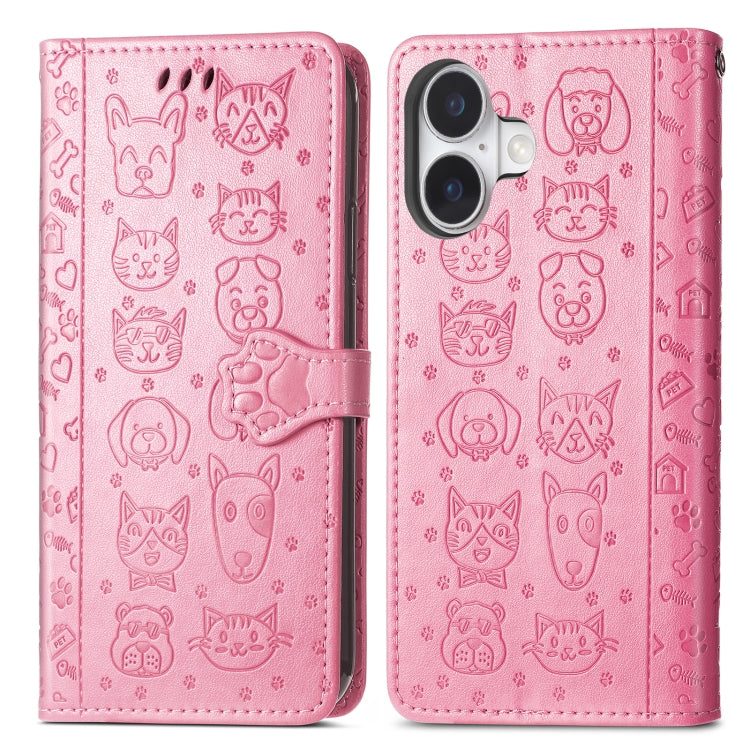 For iPhone 16 Plus Cat and Dog Embossed Leather Phone Case