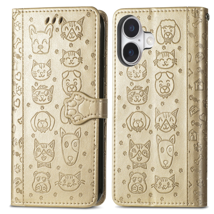 For iPhone 16 Plus Cat and Dog Embossed Leather Phone Case