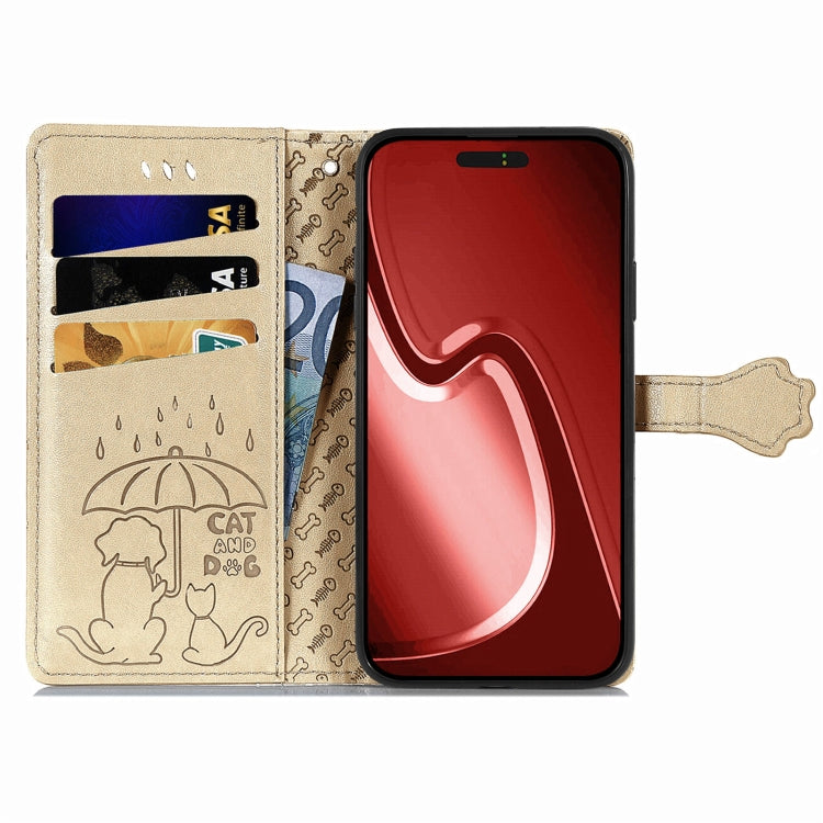 For iPhone 16 Plus Cat and Dog Embossed Leather Phone Case