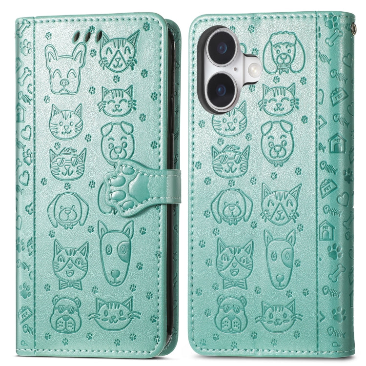For iPhone 16 Plus Cat and Dog Embossed Leather Phone Case