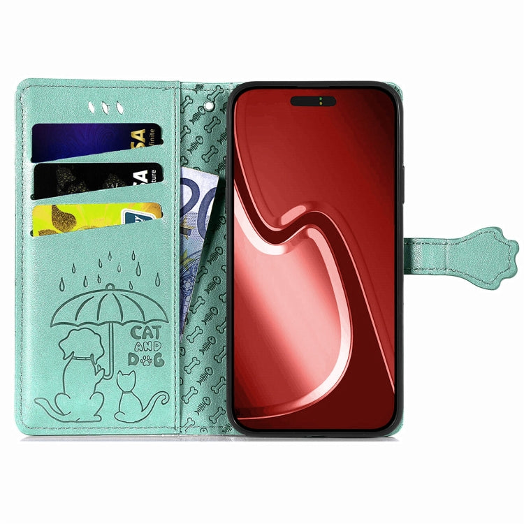 For iPhone 16 Plus Cat and Dog Embossed Leather Phone Case