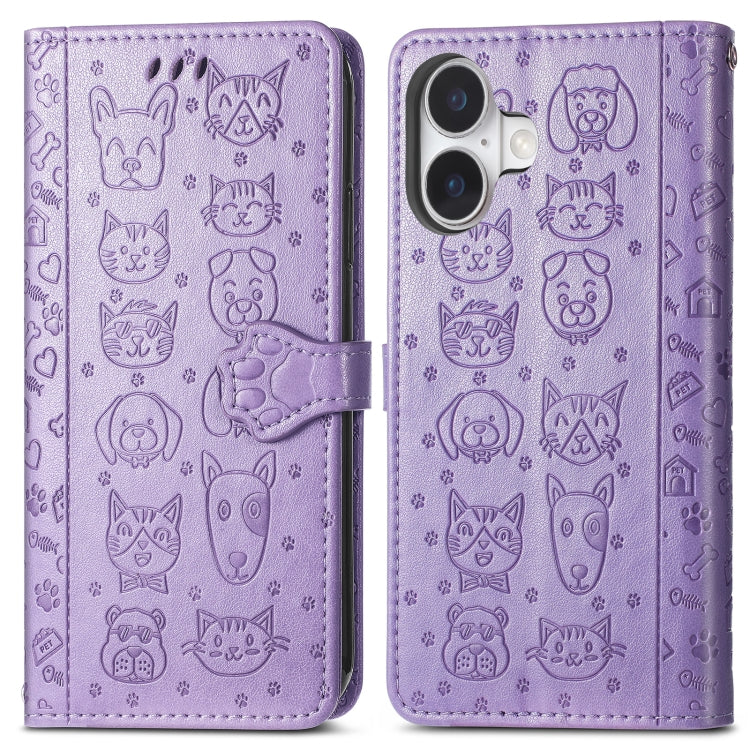 For iPhone 16 Plus Cat and Dog Embossed Leather Phone Case