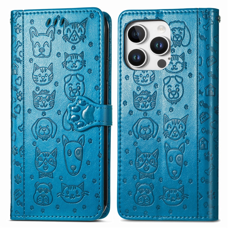 For iPhone 16 Pro Cat and Dog Embossed Leather Phone Case