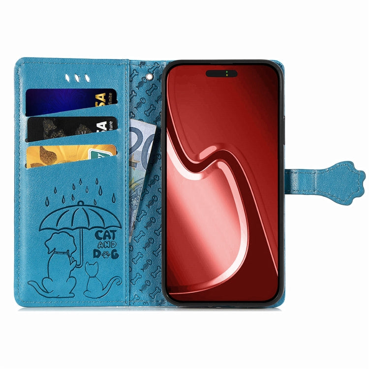 For iPhone 16 Pro Cat and Dog Embossed Leather Phone Case
