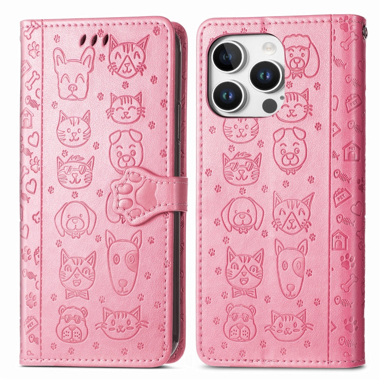 For iPhone 16 Pro Cat and Dog Embossed Leather Phone Case