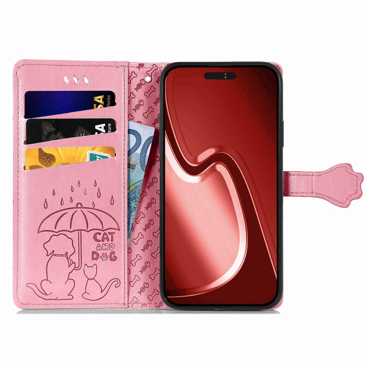 For iPhone 16 Pro Cat and Dog Embossed Leather Phone Case