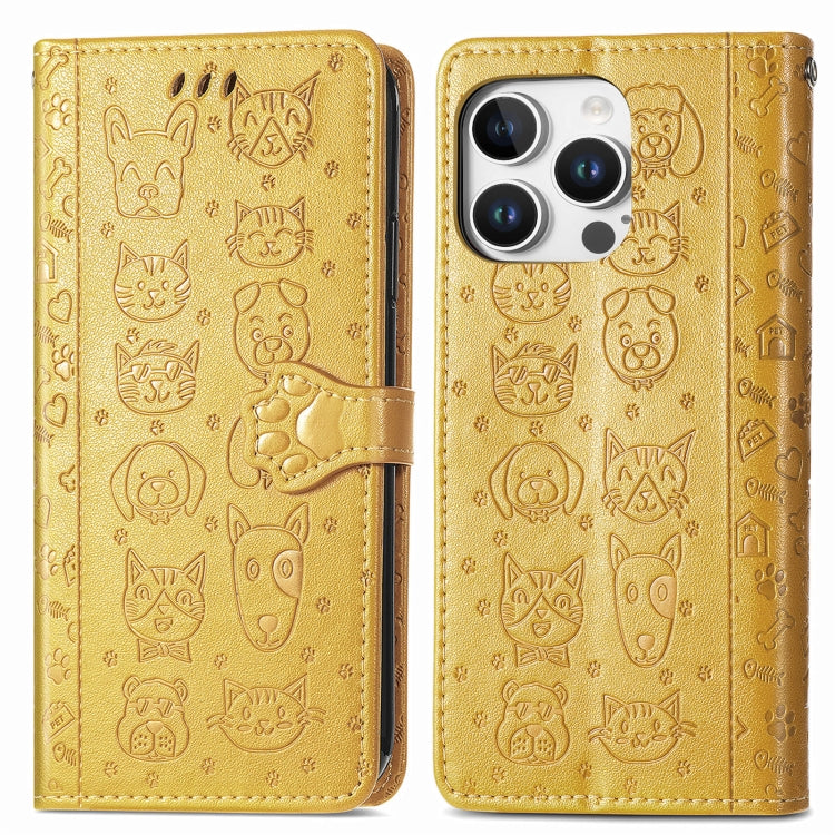 For iPhone 16 Pro Cat and Dog Embossed Leather Phone Case