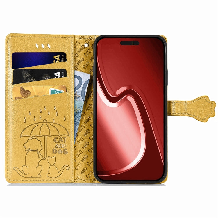 For iPhone 16 Pro Cat and Dog Embossed Leather Phone Case