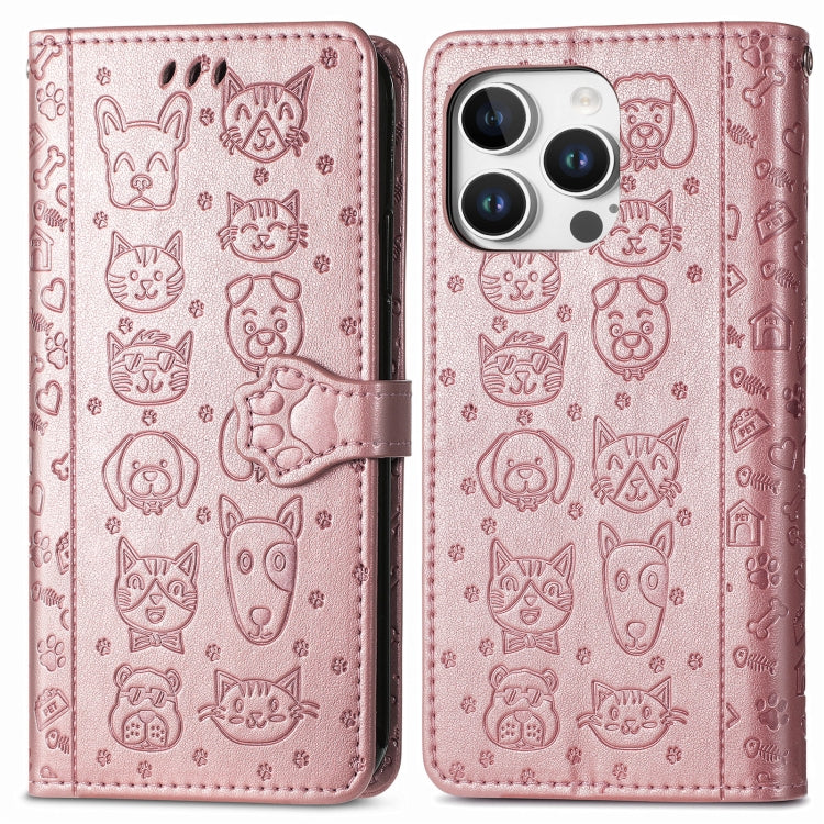 For iPhone 16 Pro Cat and Dog Embossed Leather Phone Case