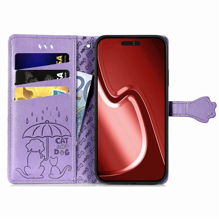 For iPhone 16 Pro Cat and Dog Embossed Leather Phone Case
