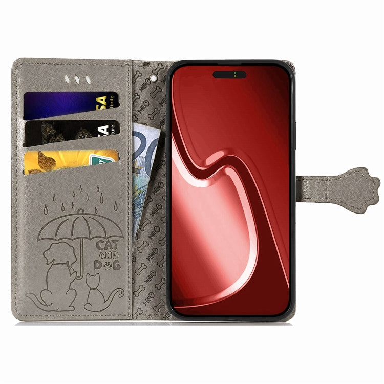 For iPhone 16 Pro Cat and Dog Embossed Leather Phone Case