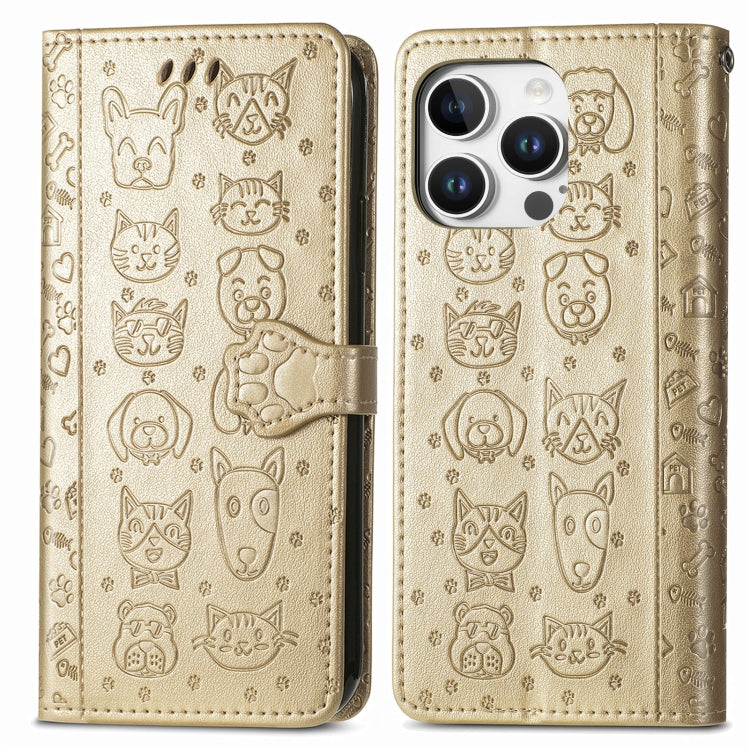 For iPhone 16 Pro Max Cat and Dog Embossed Leather Phone Case
