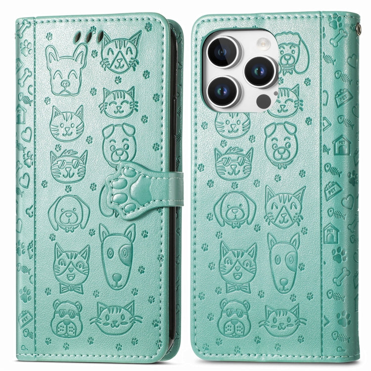 For iPhone 16 Pro Max Cat and Dog Embossed Leather Phone Case