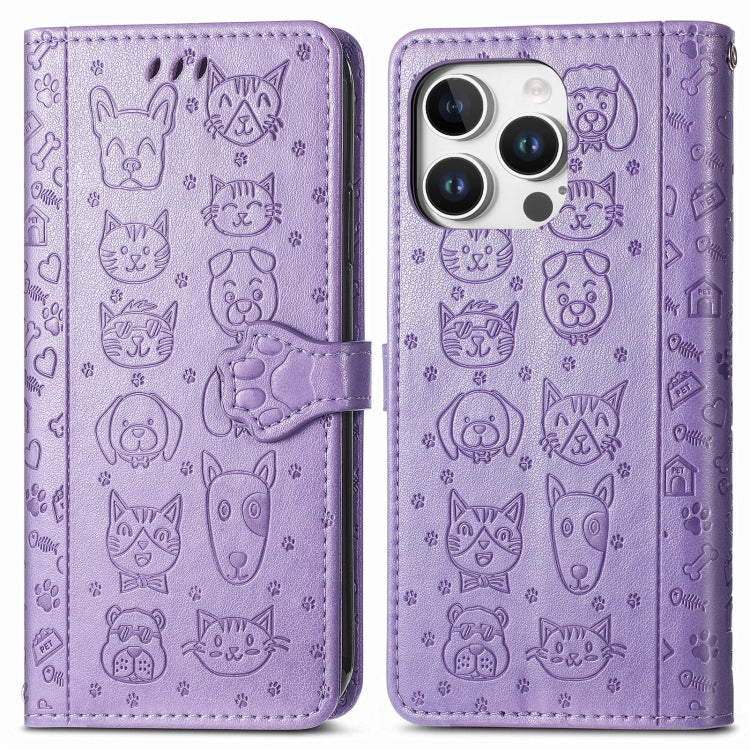 For iPhone 16 Pro Max Cat and Dog Embossed Leather Phone Case