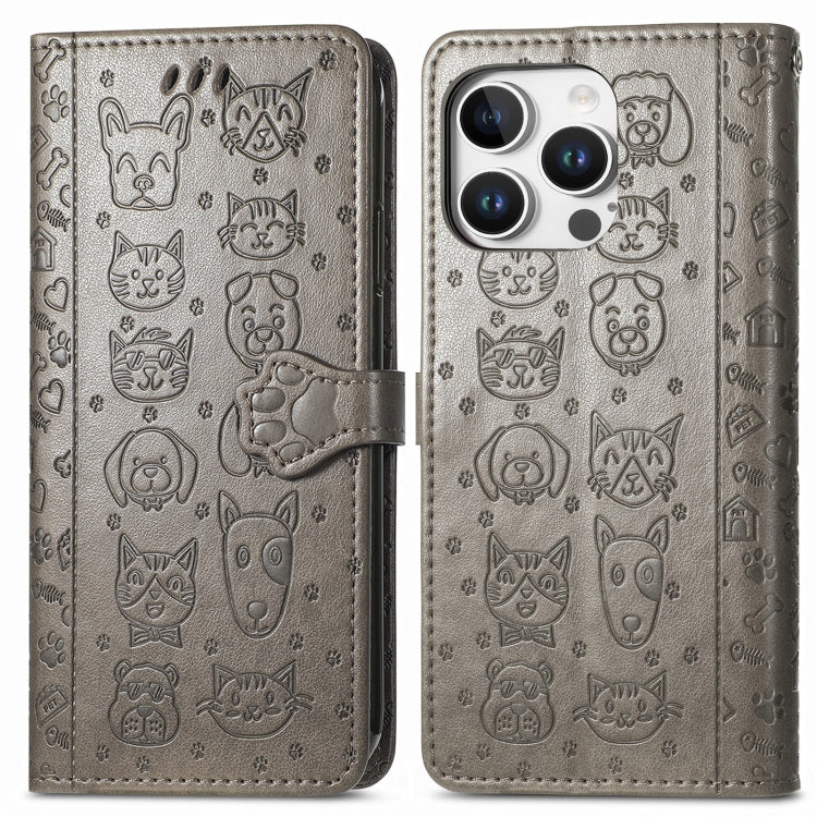 For iPhone 16 Pro Max Cat and Dog Embossed Leather Phone Case