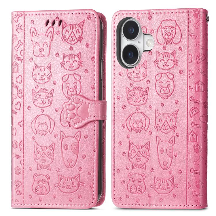 For iPhone 17 Cat and Dog Embossed Leather Phone Case