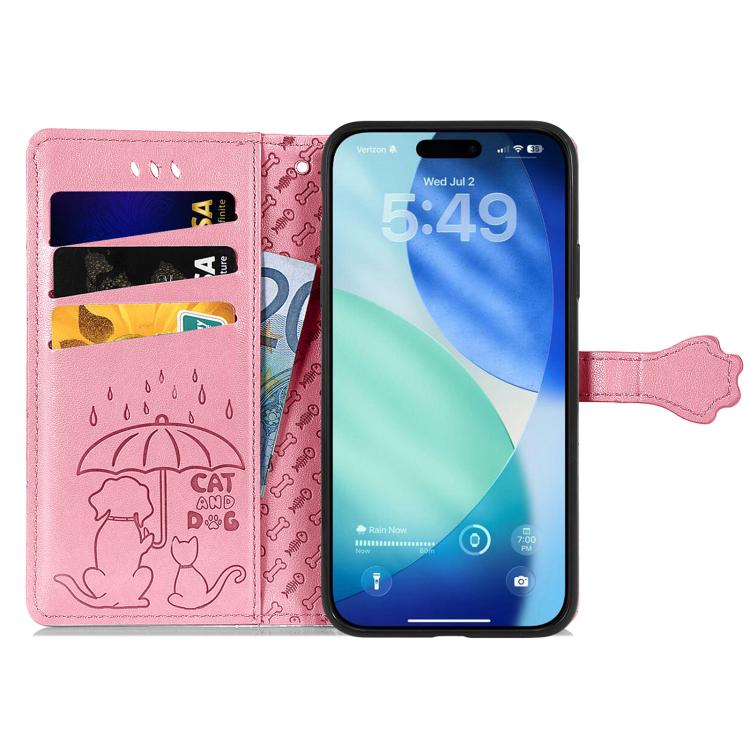 For iPhone 17 Cat and Dog Embossed Leather Phone Case