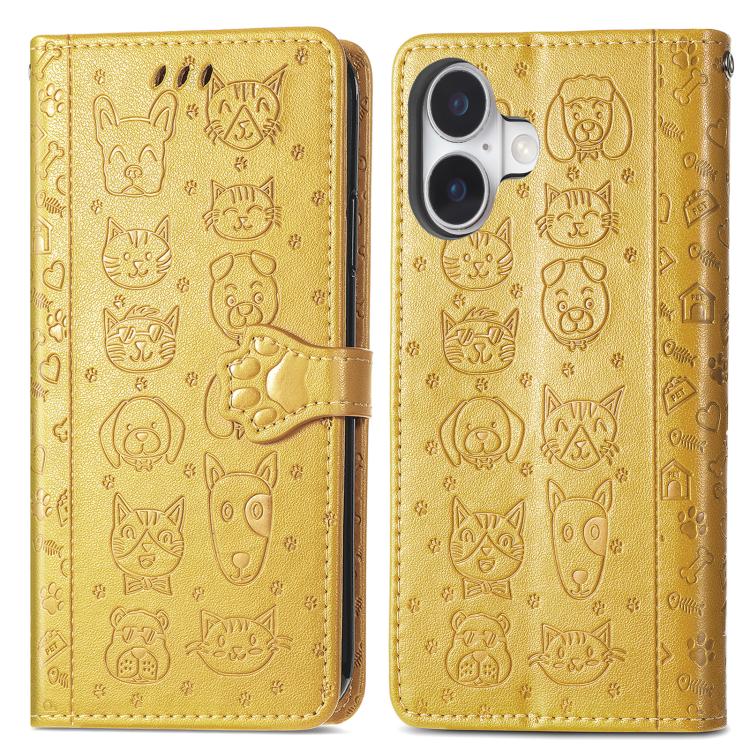 For iPhone 17 Cat and Dog Embossed Leather Phone Case