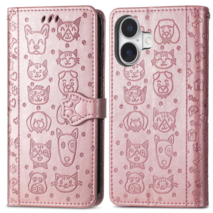 For iPhone 17 Cat and Dog Embossed Leather Phone Case