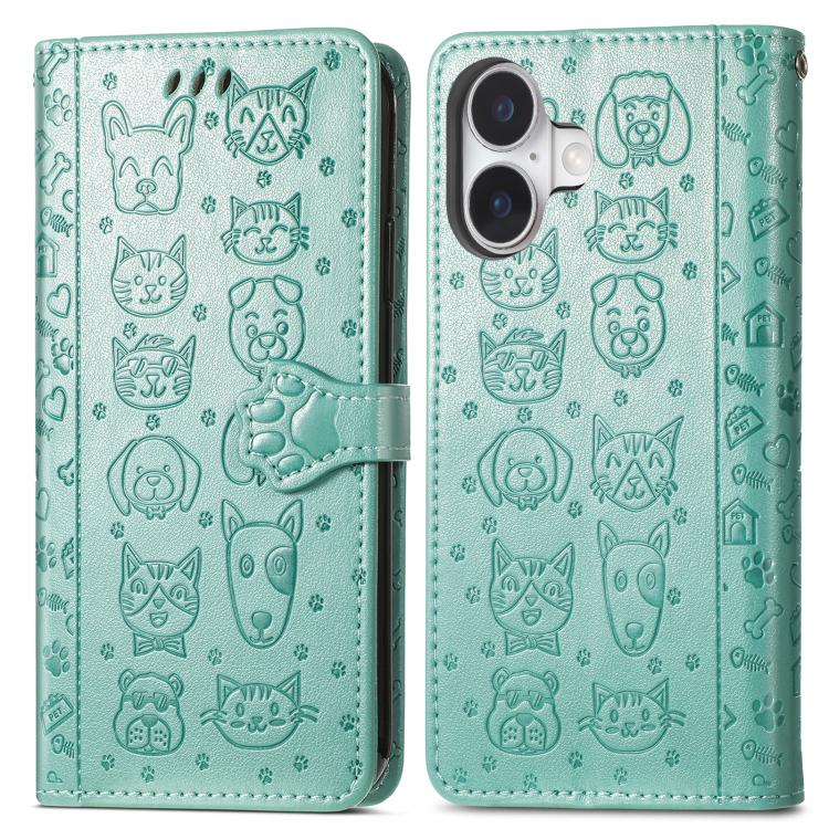 For iPhone 17 Cat and Dog Embossed Leather Phone Case