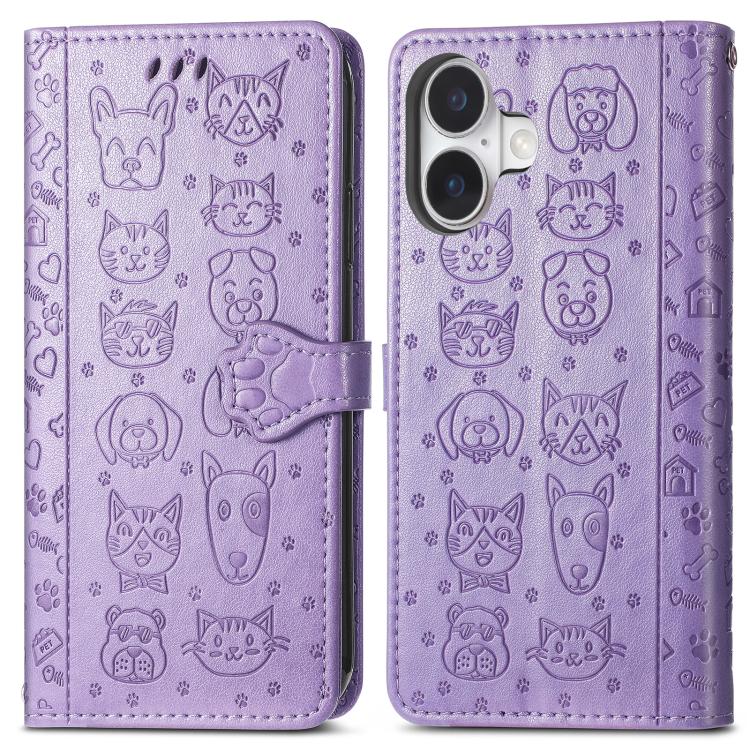 For iPhone 17 Cat and Dog Embossed Leather Phone Case