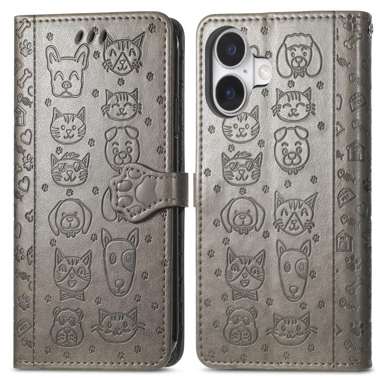 For iPhone 17 Cat and Dog Embossed Leather Phone Case