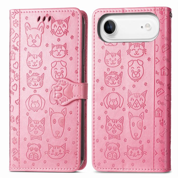 For iPhone Air Cat and Dog Embossed Leather Phone Case
