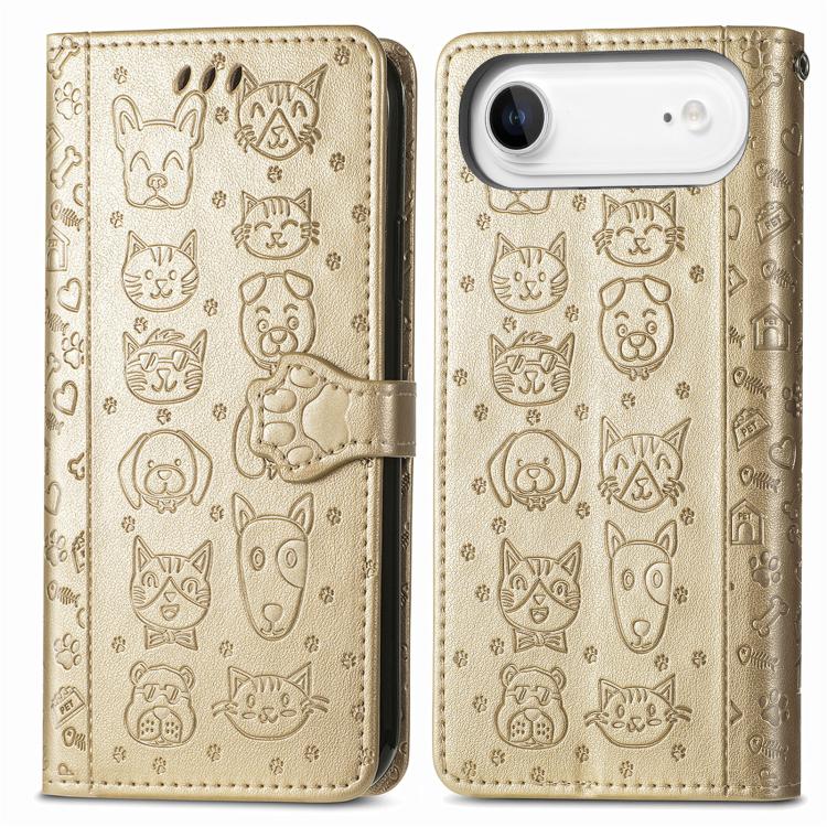 For iPhone Air Cat and Dog Embossed Leather Phone Case