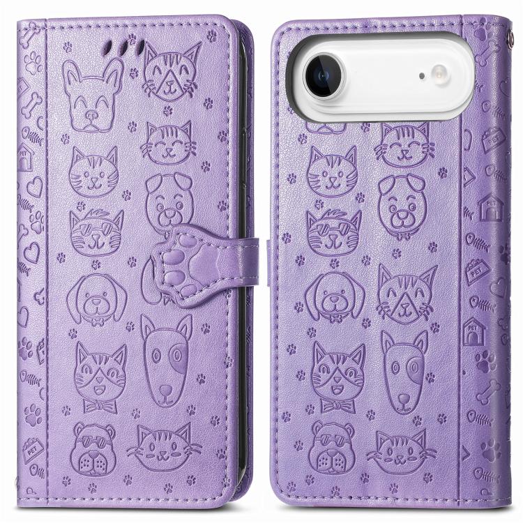 For iPhone Air Cat and Dog Embossed Leather Phone Case