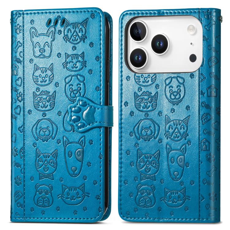 For iPhone 17 Pro Max Cat and Dog Embossed Leather Phone Case
