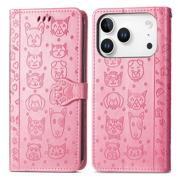 For iPhone 17 Pro Max Cat and Dog Embossed Leather Phone Case