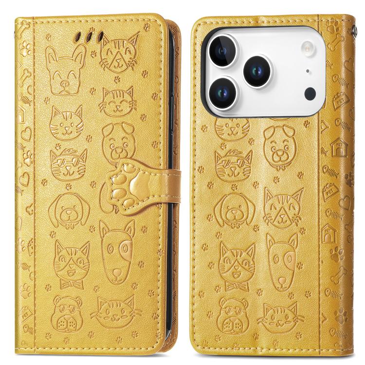 For iPhone 17 Pro Max Cat and Dog Embossed Leather Phone Case