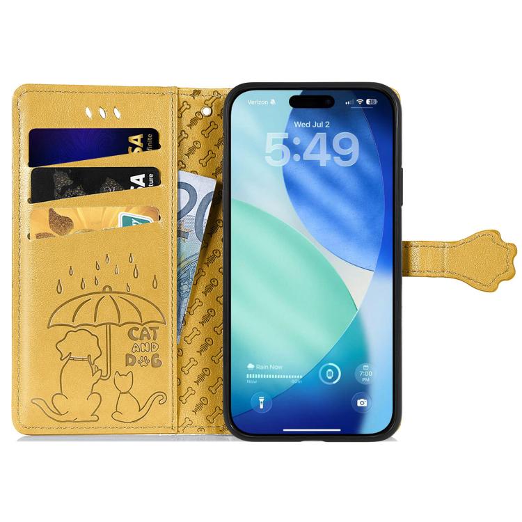 For iPhone 17 Pro Max Cat and Dog Embossed Leather Phone Case