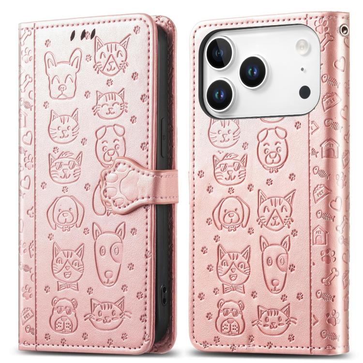 For iPhone 17 Pro Max Cat and Dog Embossed Leather Phone Case