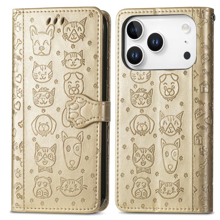 For iPhone 17 Pro Max Cat and Dog Embossed Leather Phone Case