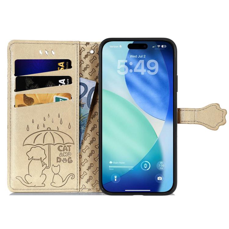 For iPhone 17 Pro Max Cat and Dog Embossed Leather Phone Case