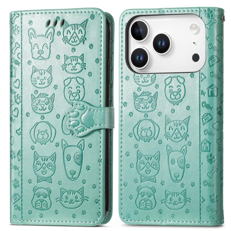 For iPhone 17 Pro Max Cat and Dog Embossed Leather Phone Case