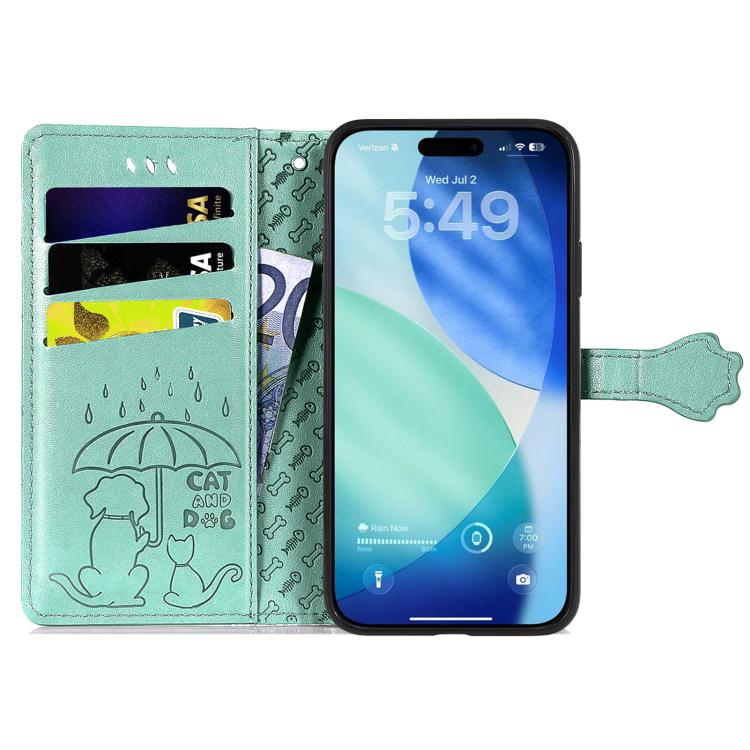 For iPhone 17 Pro Max Cat and Dog Embossed Leather Phone Case
