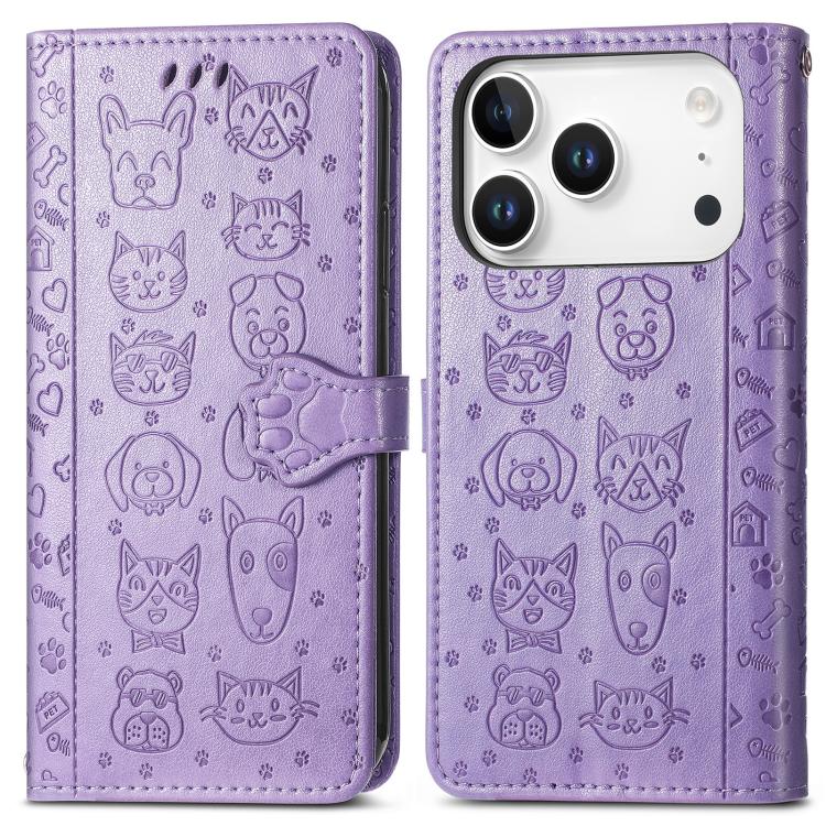 For iPhone 17 Pro Max Cat and Dog Embossed Leather Phone Case