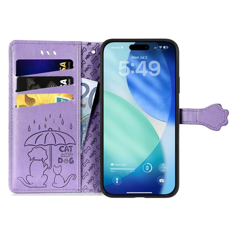 For iPhone 17 Pro Max Cat and Dog Embossed Leather Phone Case