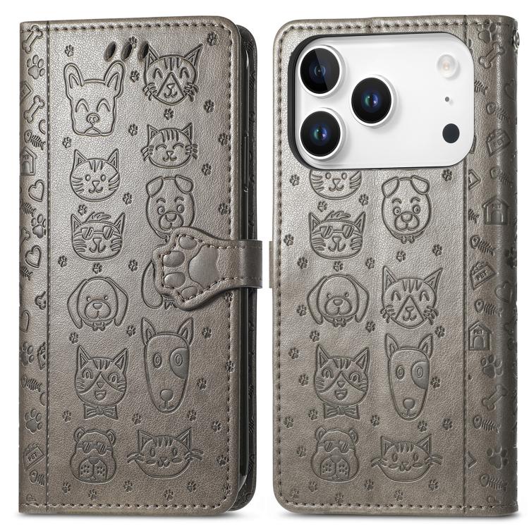 For iPhone 17 Pro Max Cat and Dog Embossed Leather Phone Case