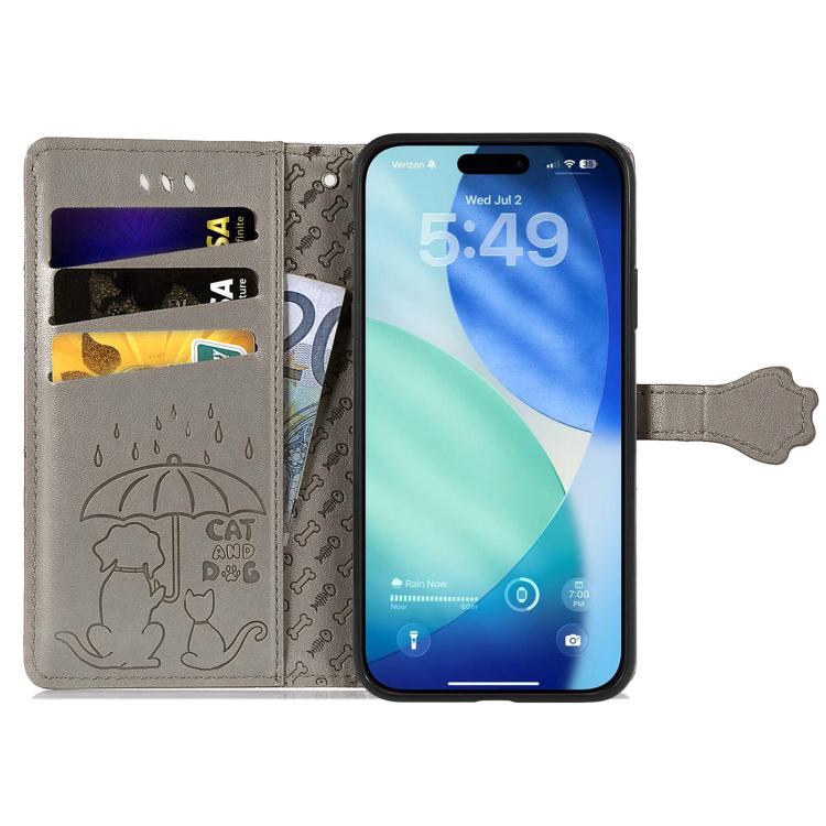 For iPhone 17 Pro Max Cat and Dog Embossed Leather Phone Case
