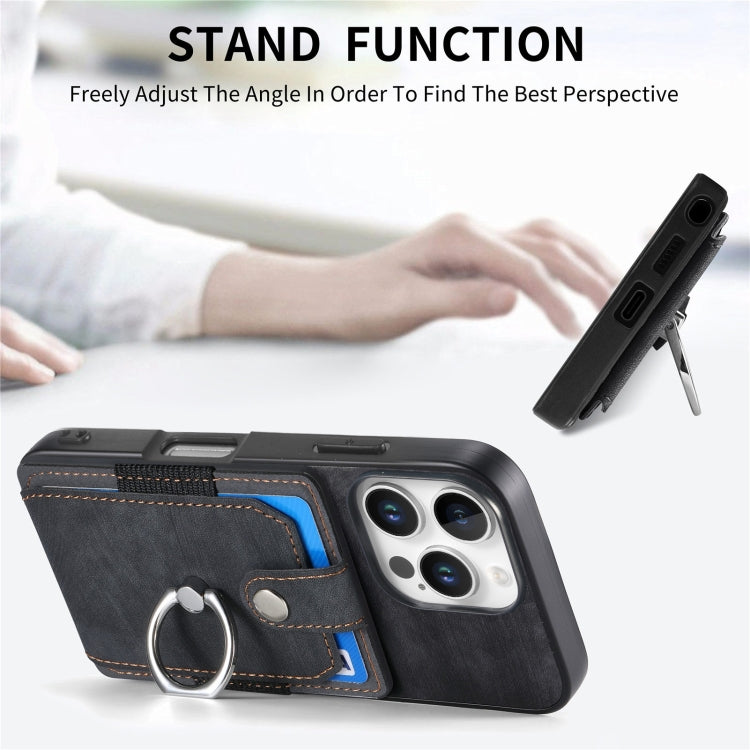 For iPhone 16 Pro Max Retro Skin-feel Ring Card Wallet Phone Case
