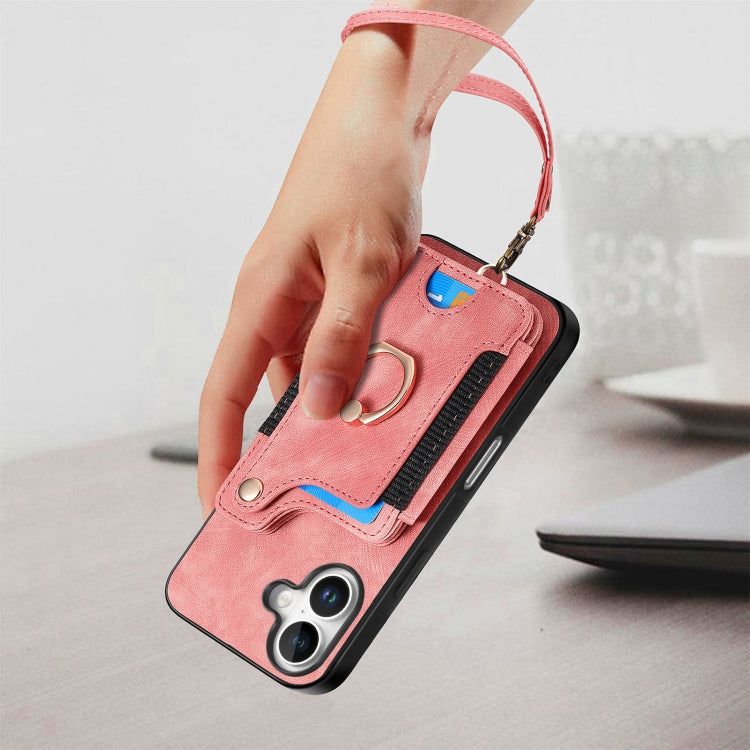 For iPhone 16 Retro Skin-feel Ring Multi-card Wallet Phone Case