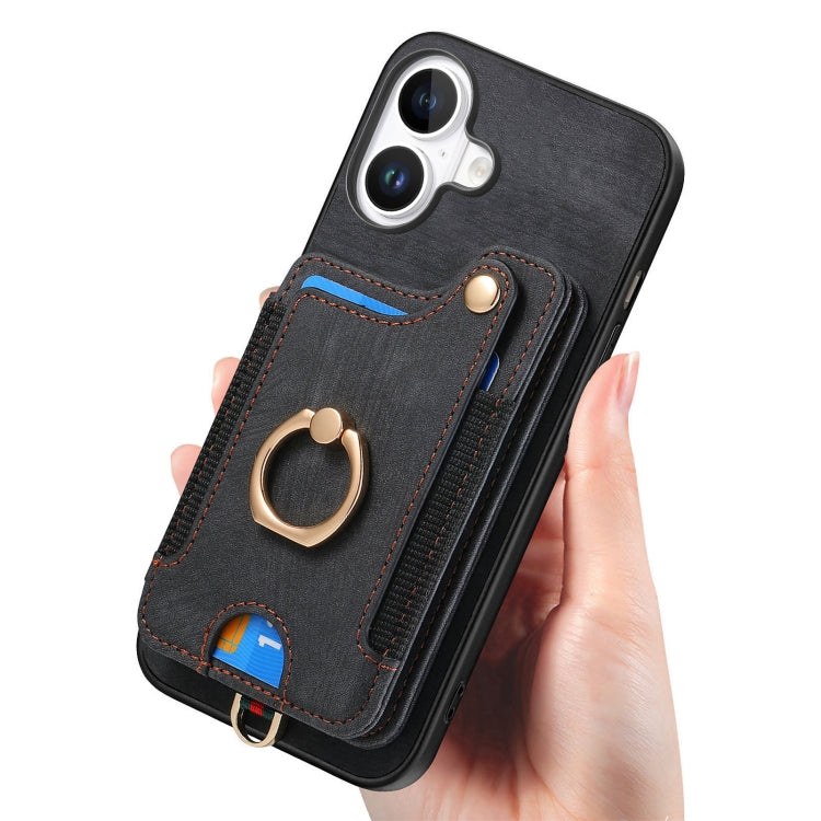 For iPhone 16 Retro Skin-feel Ring Multi-card Wallet Phone Case