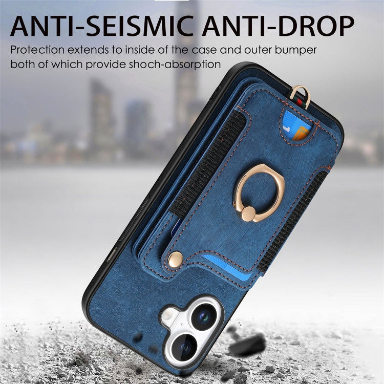 For iPhone 16 Retro Skin-feel Ring Multi-card Wallet Phone Case