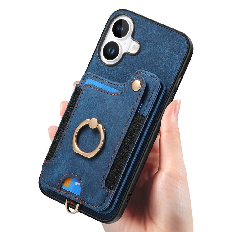 For iPhone 16 Retro Skin-feel Ring Multi-card Wallet Phone Case