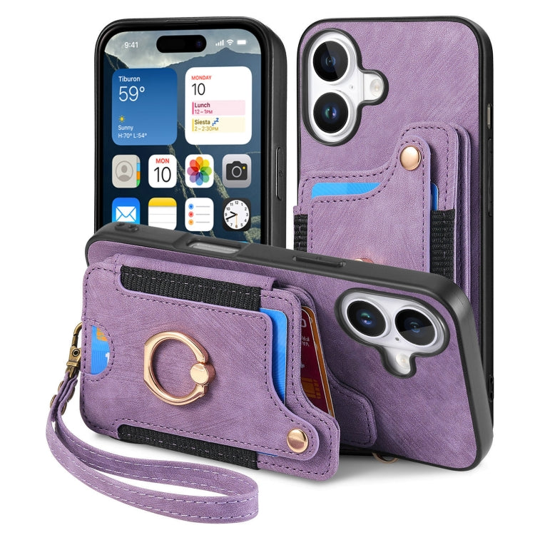 For iPhone 16 Retro Skin-feel Ring Multi-card Wallet Phone Case