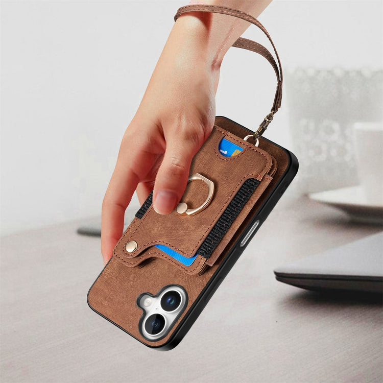 For iPhone 16 Retro Skin-feel Ring Multi-card Wallet Phone Case