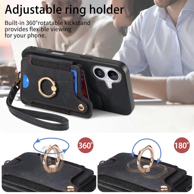 For iPhone 17 Retro Skin-feel Ring Multi-card Wallet Phone Case